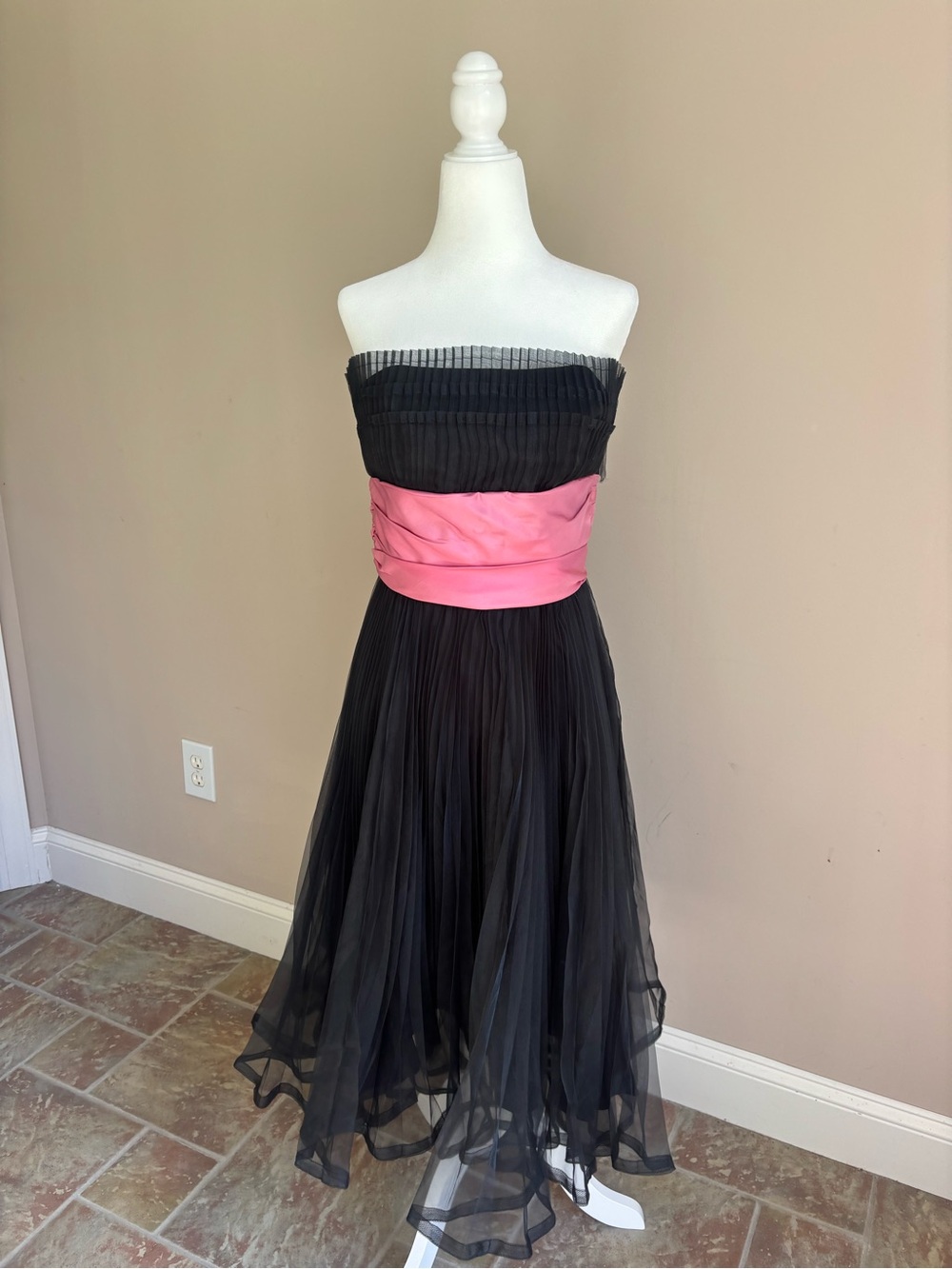 Strapless Black Ruffle Betsey Johnson Dress with Pink Sash size 6